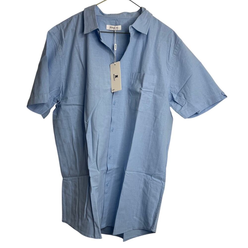 JEKAOYI Linen Blend Short Sleeve Button Down Pocket Shirt Men's Large Blue